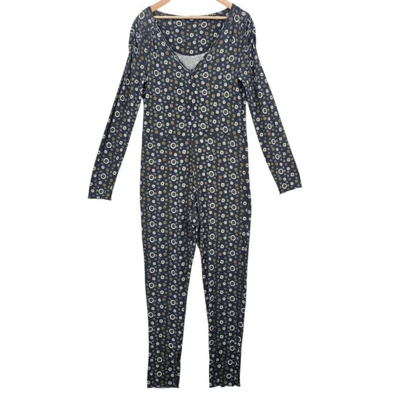 Free People Womens L Home Alone Floral Waffle Knit Long John Jumpsuit Pajamas - Picture 2 of 16